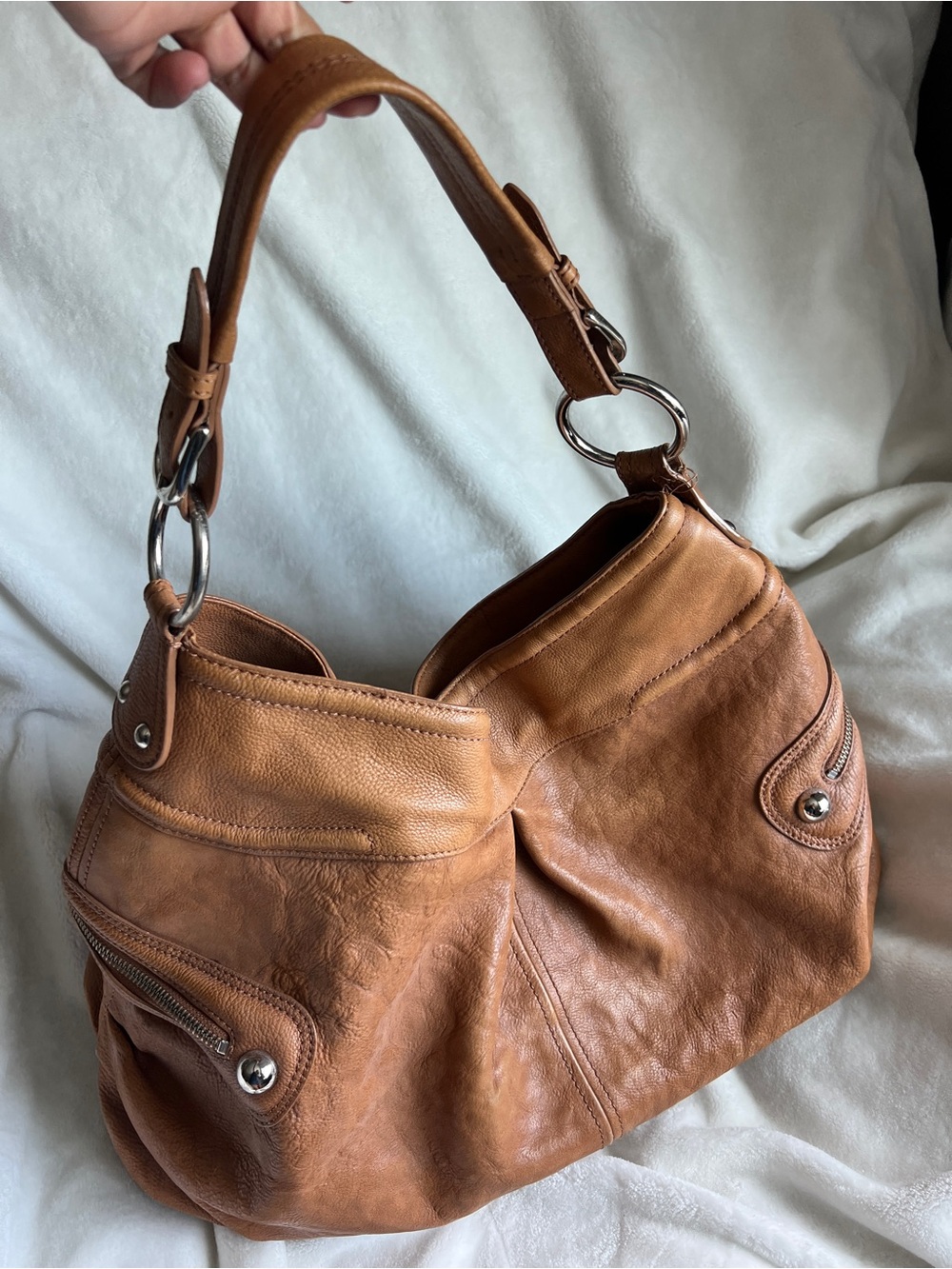 Kate Landry Cognac Leather Shoulder Bag with Silver Hardware